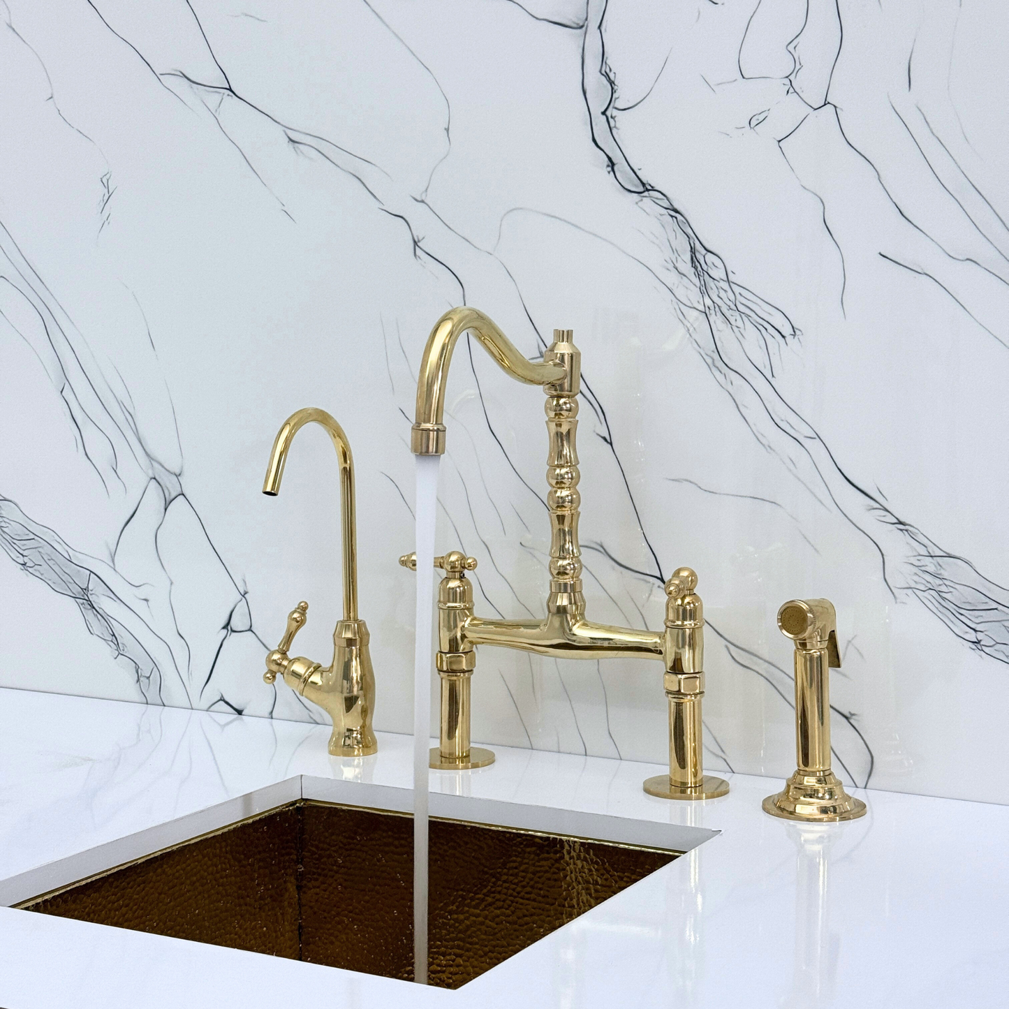 Unlacquered Brass Victorian Bridge Faucet with Sprayer, Cold Water Faucet and Lever Handles