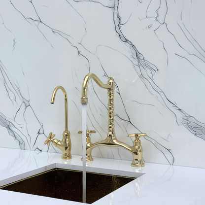 Unlacquered Brass Victorian Bridge Kitchen Faucet with Sprayer, Drinking Water Tap and Cross Handles