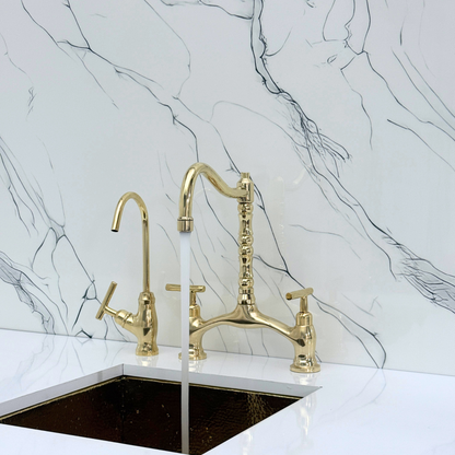 Unlacquered Brass Victorian Bridge Kitchen Faucet with Sprayer, Drinking Water Tap and Lever Handles