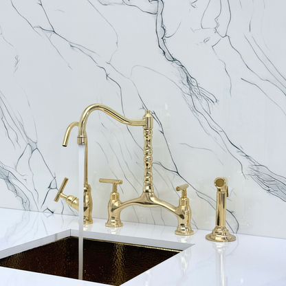 Unlacquered Brass Victorian Bridge Kitchen Faucet with Sprayer, Drinking Water Tap and Lever Handles