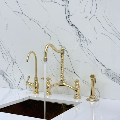 Unlacquered Brass Victorian Bridge Kitchen Faucet with Sprayer, Drinking Water Tap and Lever Handles