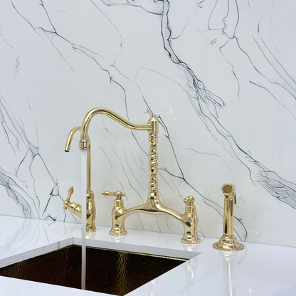 Unlacquered Brass Victorian Bridge Kitchen Faucet with Sprayer, Drinking Water Tap and Lever Handles