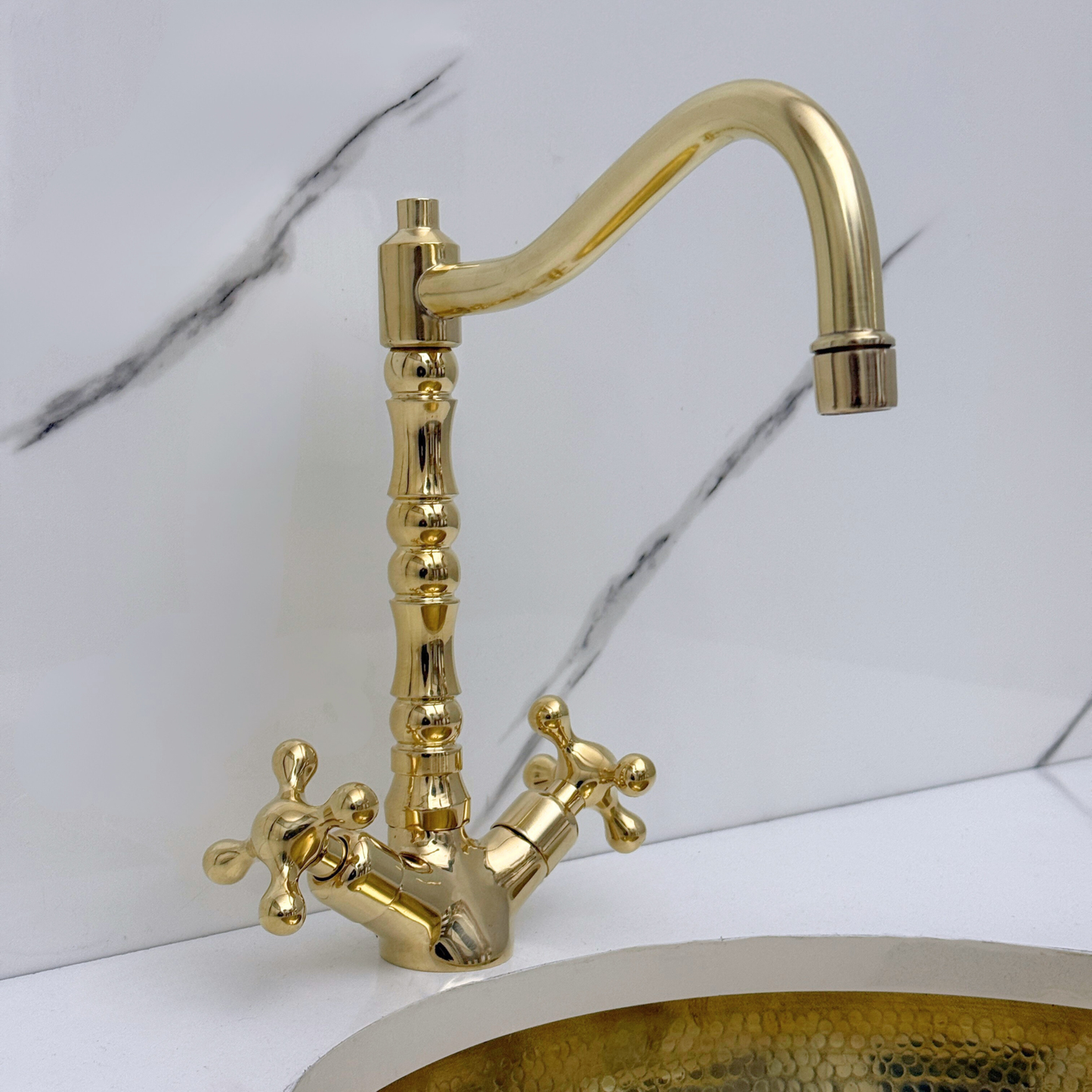Unlacquered Brass Victorian Single Hole Faucet with Cross Handles