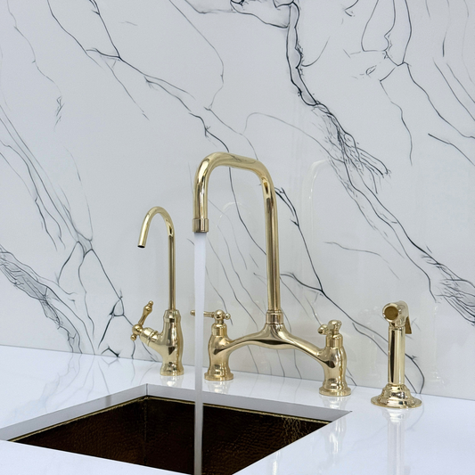 Unlacquered Brass Vintage Bridge Kitchen Faucet with Sprayer, Drinking Water Tap and Lever Handles