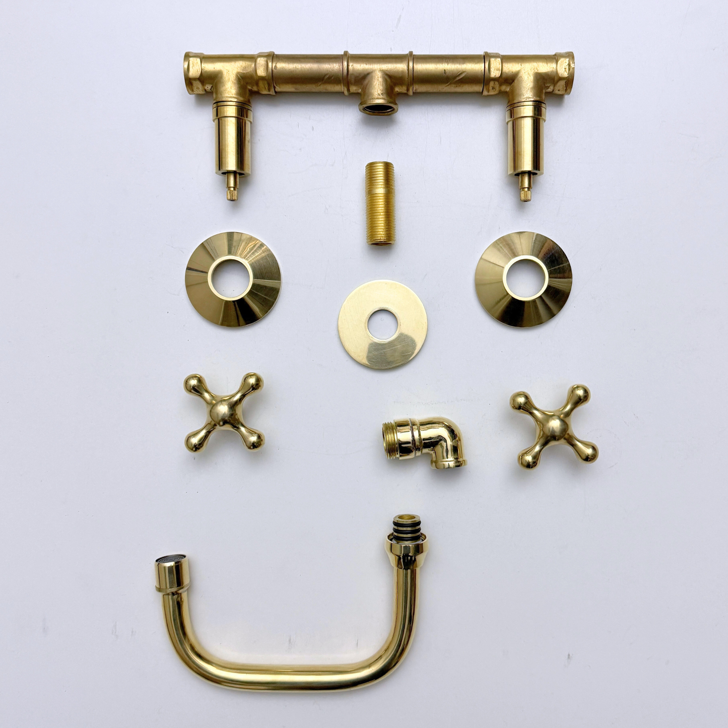 Unlacquered Brass Wall-Mount Bathroom Faucet with Cross handles
