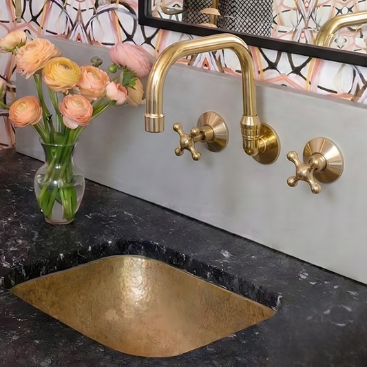 Unlacquered Brass Wall-Mount Bathroom Faucet with Cross handles