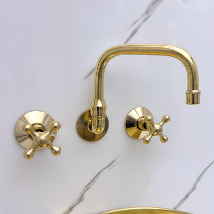 Unlacquered Brass Wall-Mount Bathroom Faucet with Cross handles