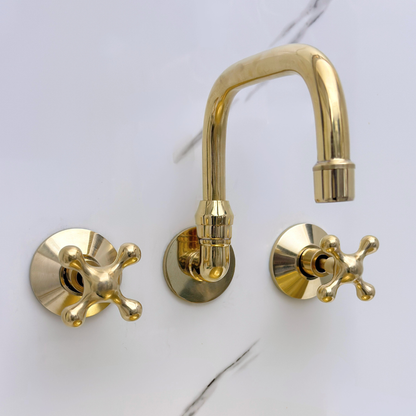 Unlacquered Brass Wall-Mount Bathroom Faucet with Cross handles