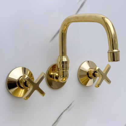 Unlacquered Brass Wall-Mount Bathroom Faucet with Cross handles