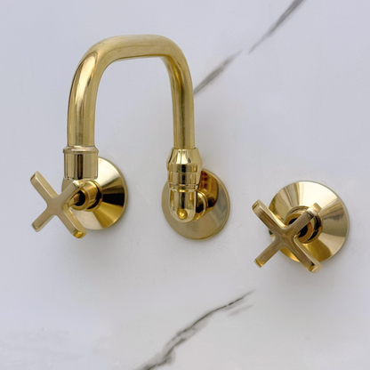 Unlacquered Brass Wall-Mount Bathroom Faucet with Cross handles