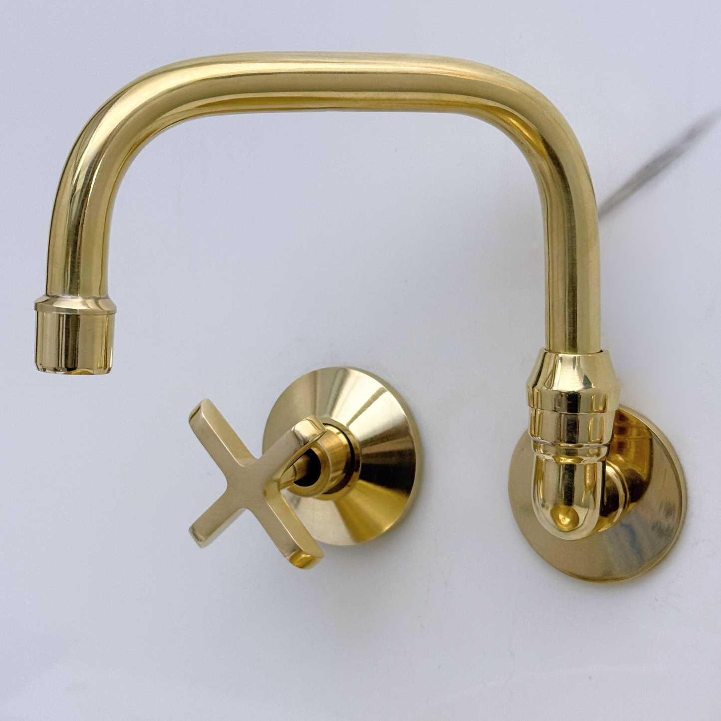 Unlacquered Brass Wall-Mount Bathroom Faucet with Cross handles
