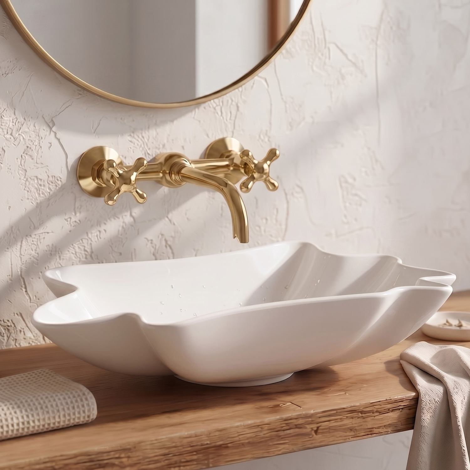 10" Ball-Center unlacquered brass wall faucet, 6" spread with cross handles
