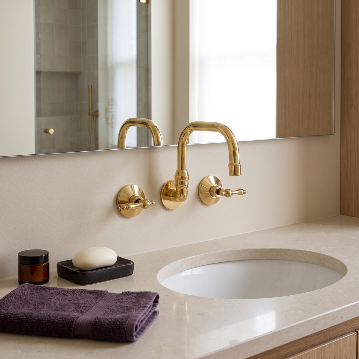 Unlacquered Brass Wall-Mount Bathroom Faucet with Lever handles