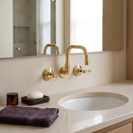 Unlacquered Brass Wall-Mount Bathroom Faucet with Lever handles