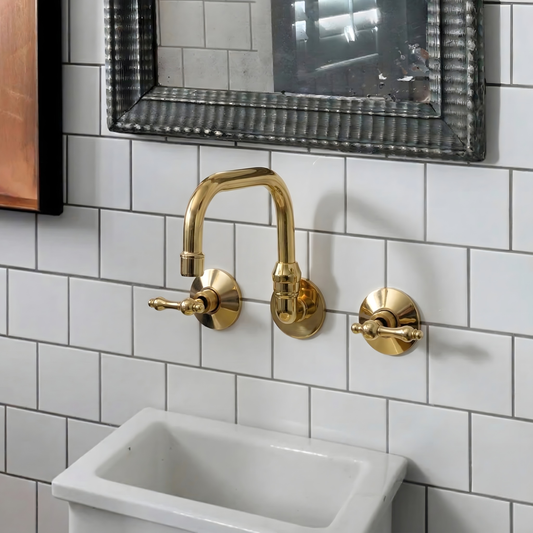 Unlacquered Brass Wall-Mount Bathroom Faucet with Lever handles