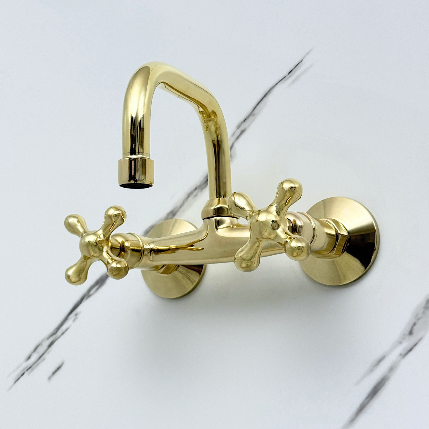 Unlacquered Brass Wall-Mount Bathroom Faucet with Cross handles