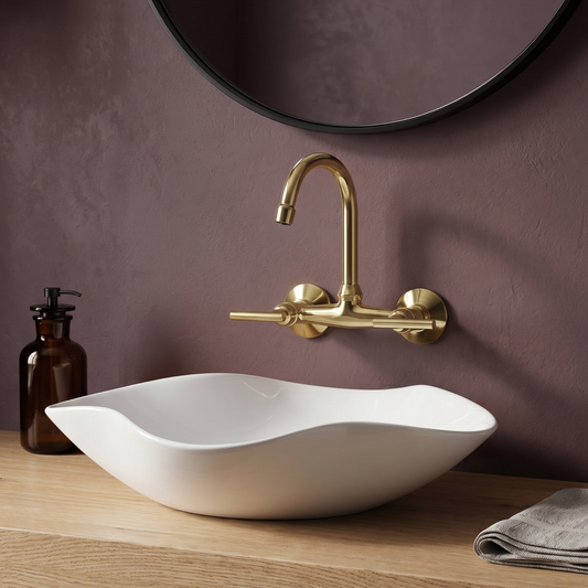 Unlacquered Brass Wall-Mount Bathroom Faucet with Lever handles