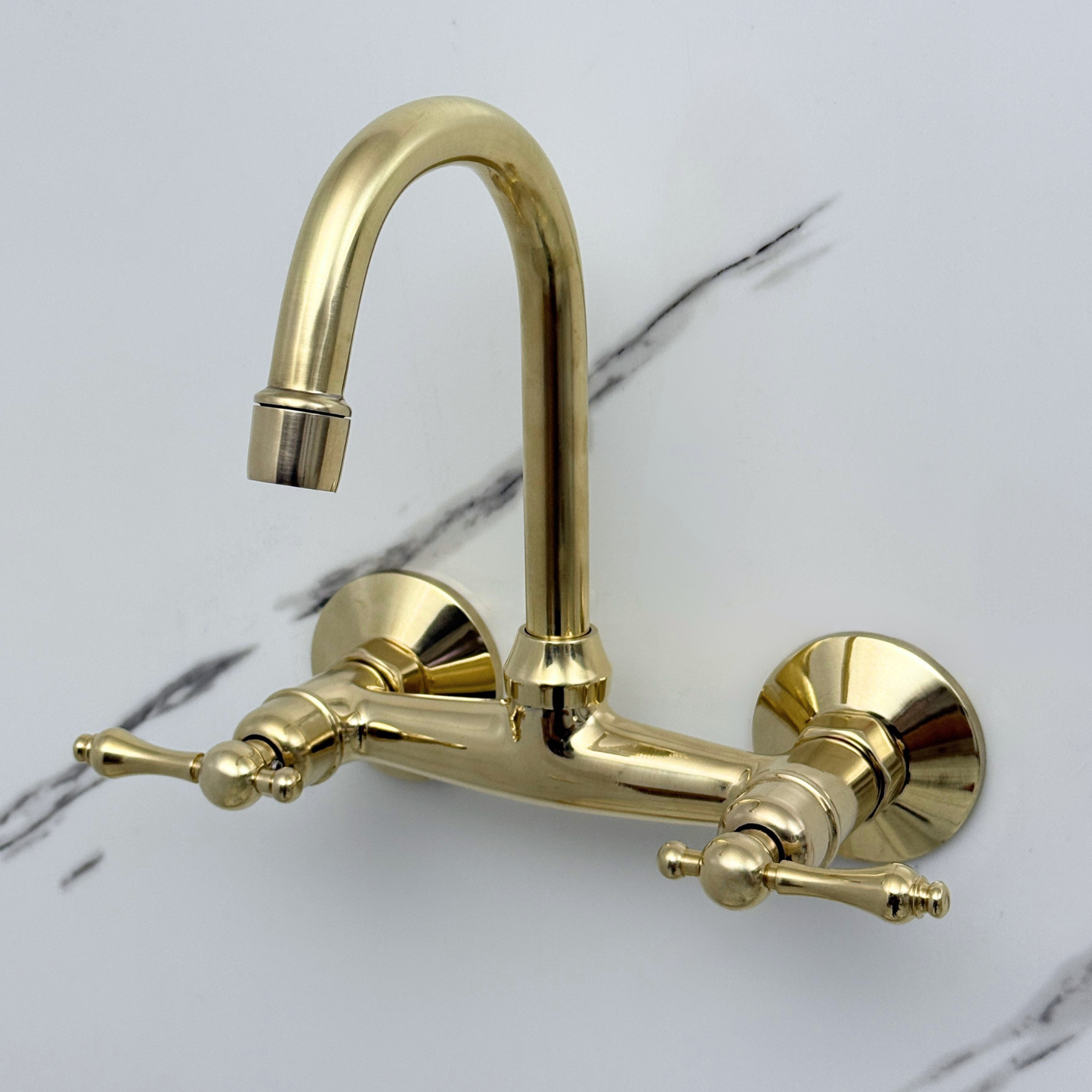 Unlacquered Brass Wall-Mount Bathroom Faucet with Lever handles