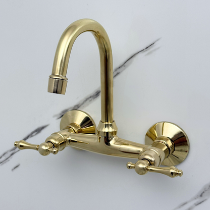 Unlacquered Brass Wall-Mount Bathroom Faucet with Lever handles
