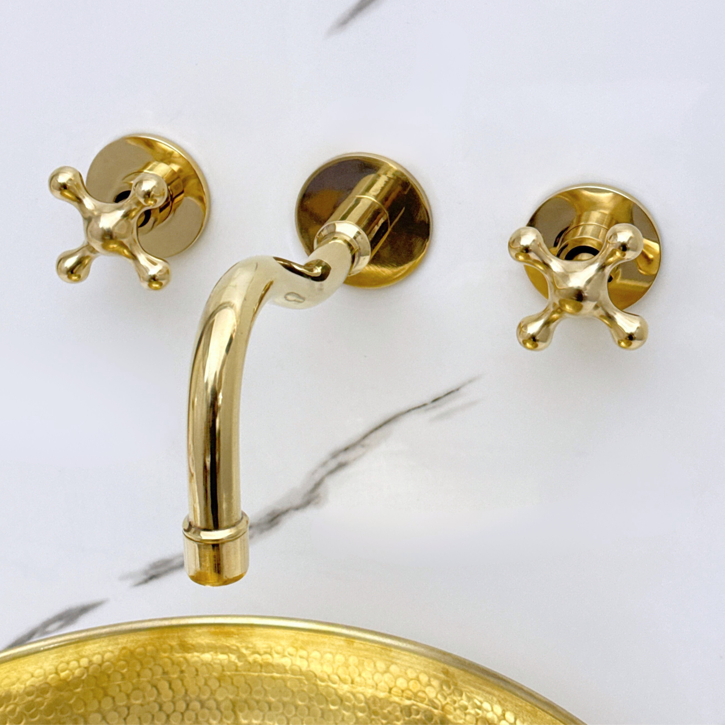 Unlacquered Brass Wall Mount Bathroom Faucet with Cross handles