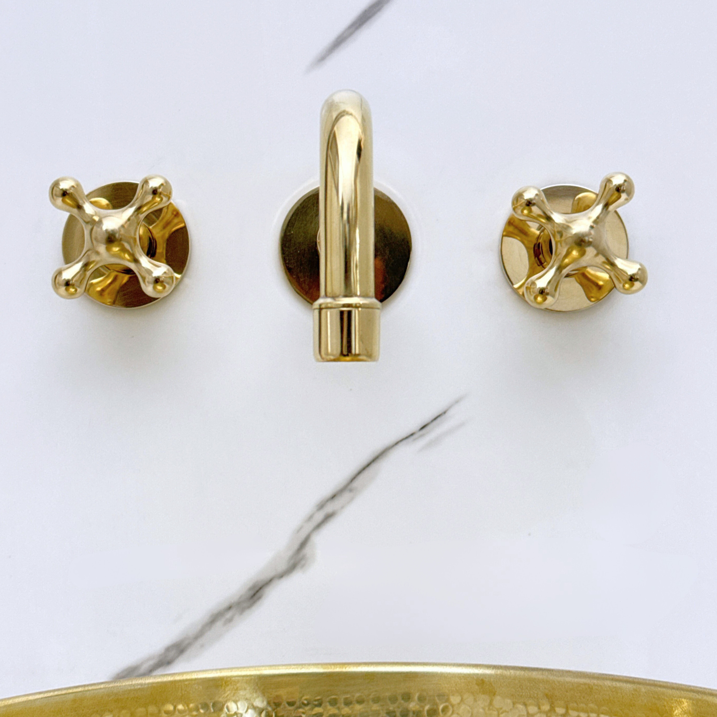 Unlacquered Brass Wall Mount Bathroom Faucet with Cross handles