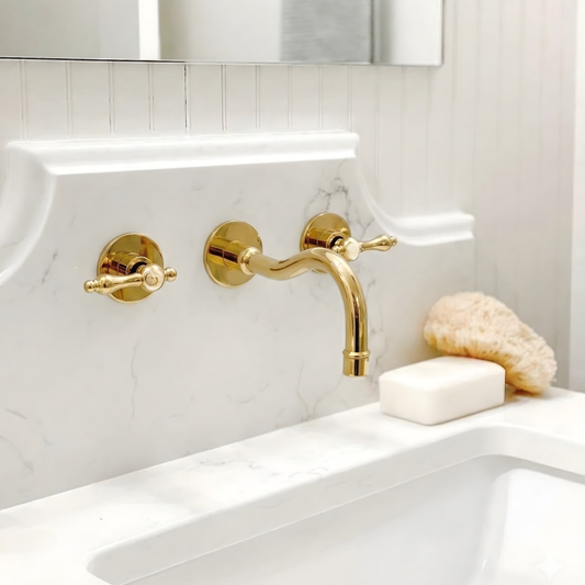Unlacquered Brass Wall Mount Bathroom Faucet with Lever handles