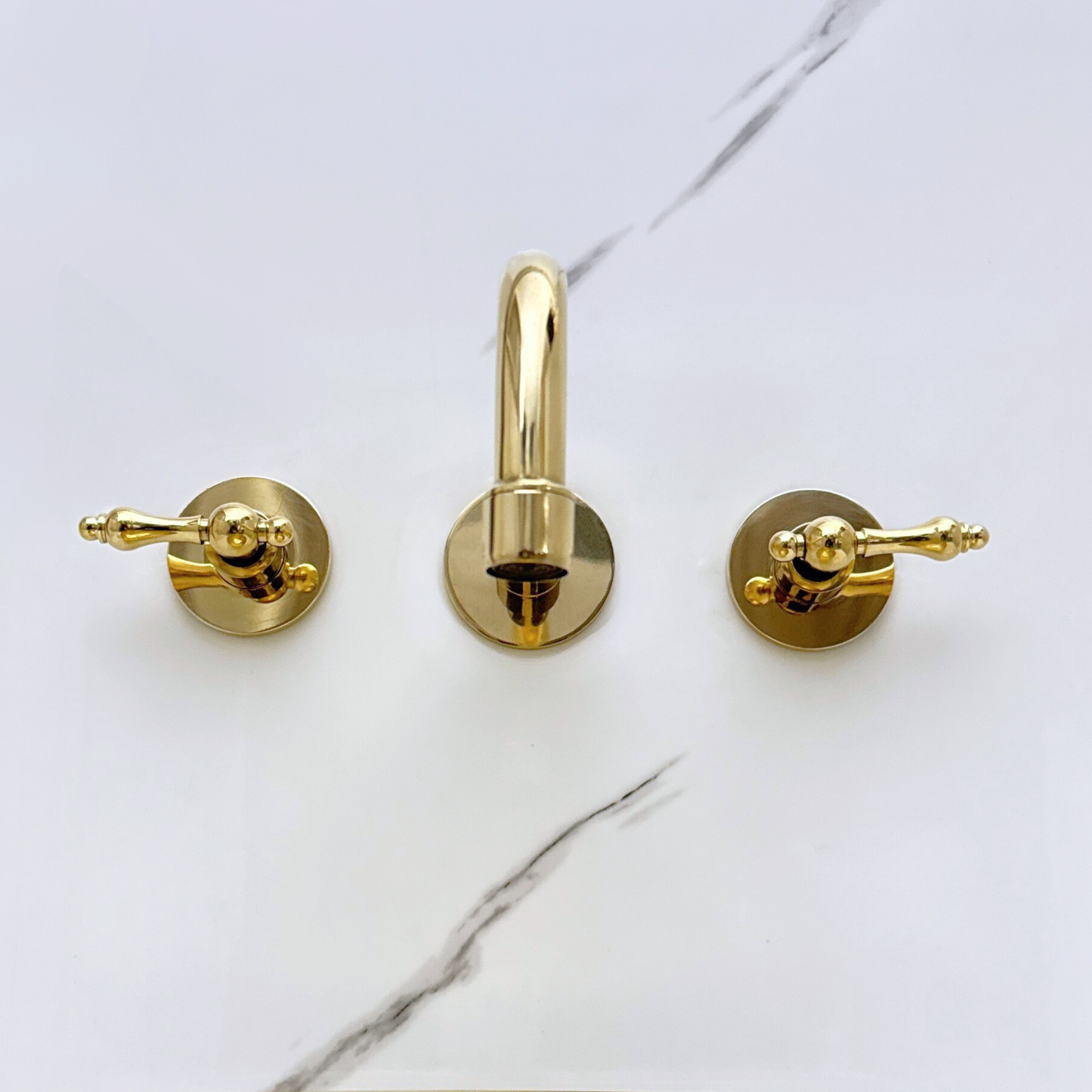 Unlacquered Brass Wall Mount Bathroom Faucet with Lever handles