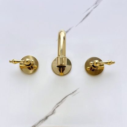 Unlacquered Brass Wall Mount Bathroom Faucet with Lever handles