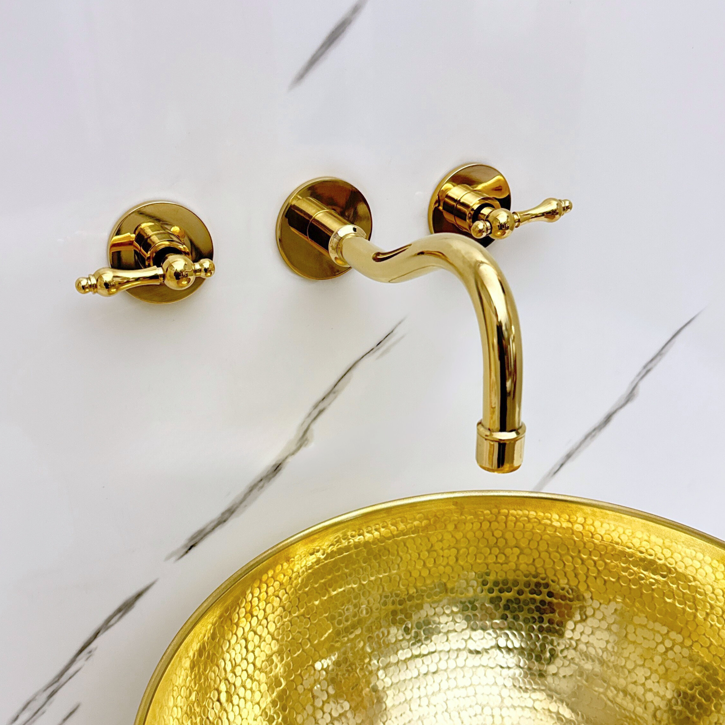 Unlacquered Brass Wall Mount Bathroom Faucet with Lever handles