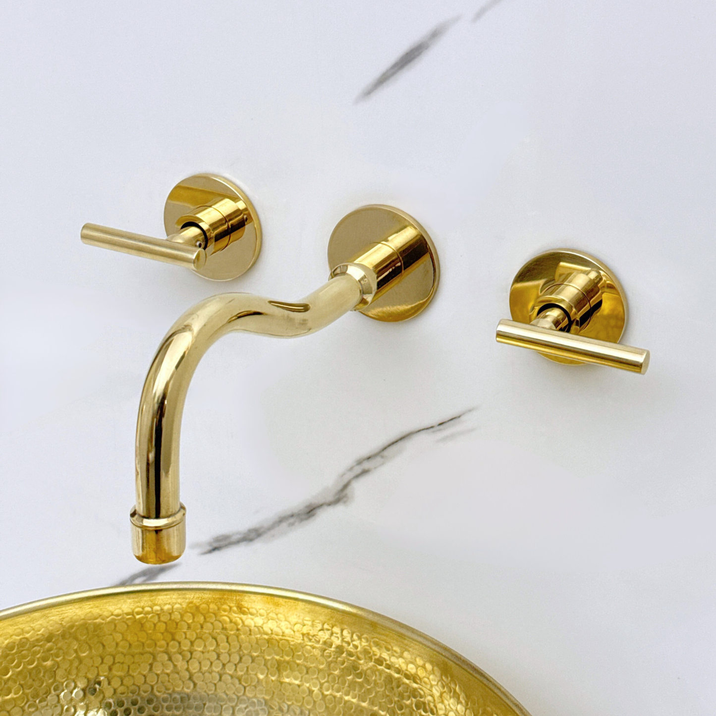 Unlacquered Brass Wall Mount Bathroom Faucet with Lever handles