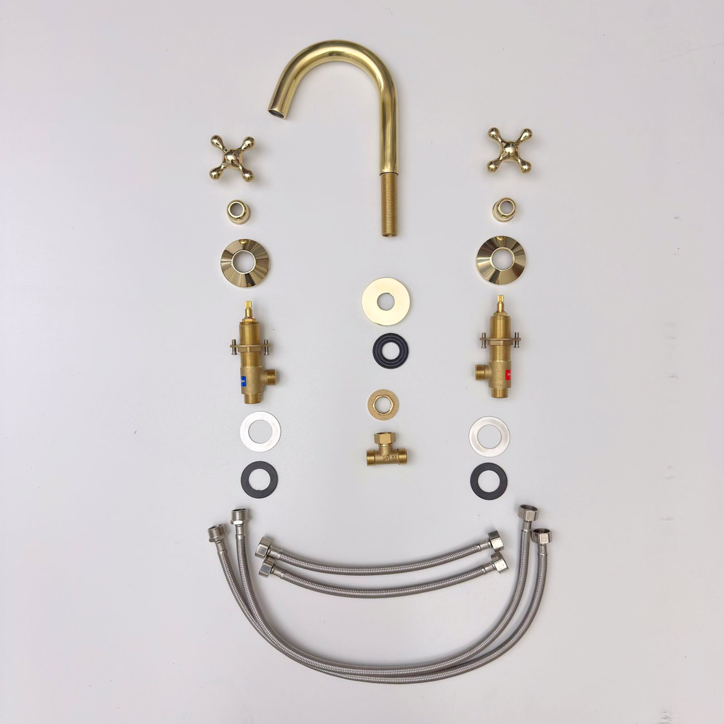 Unlacquered Brass Widespread Bathroom Sink Faucet With Cross Handles, Push-Up Drain & P-trap