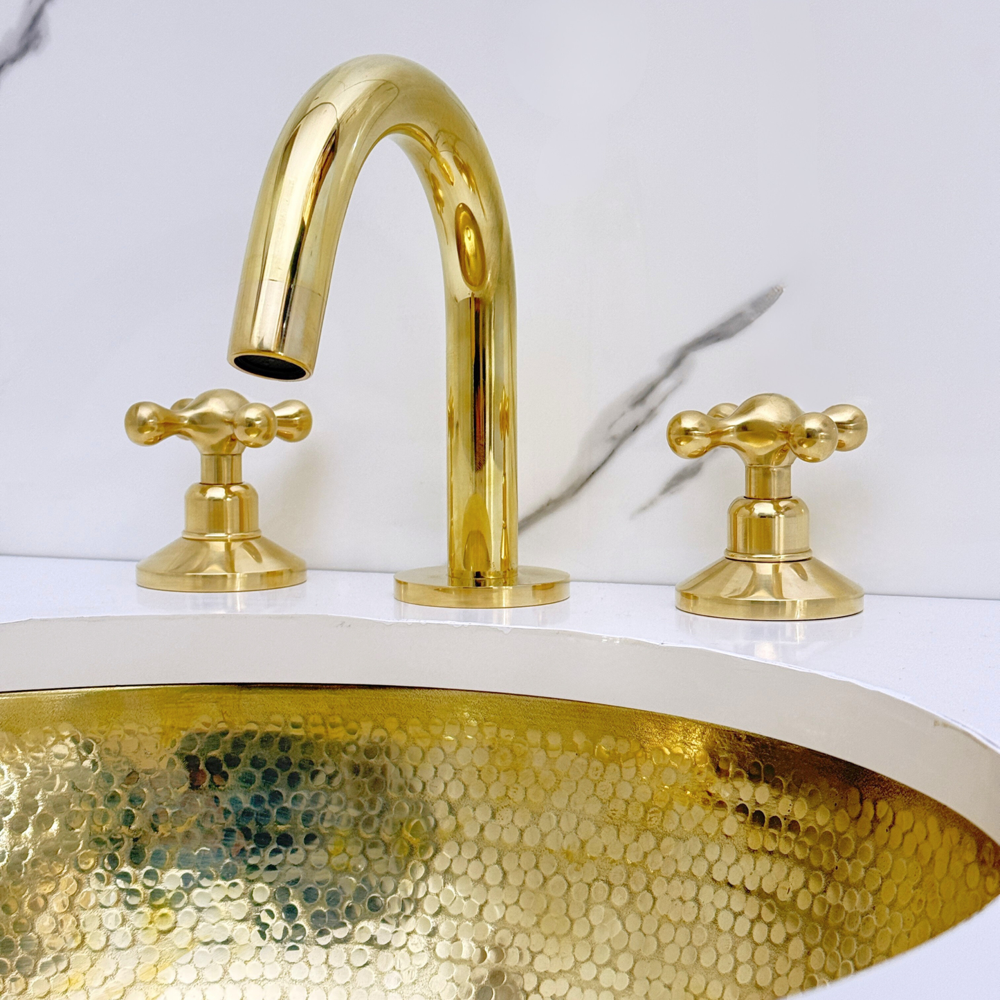 Unlacquered Brass Widespread Bathroom Sink Faucet With Cross Handles, Push-Up Drain & P-trap