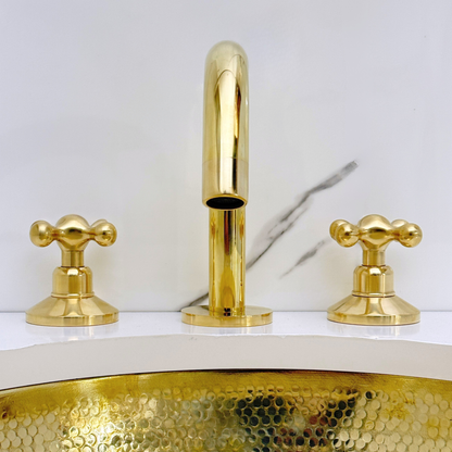 Unlacquered Brass Widespread Bathroom Sink Faucet With Cross Handles, Push-Up Drain & P-trap