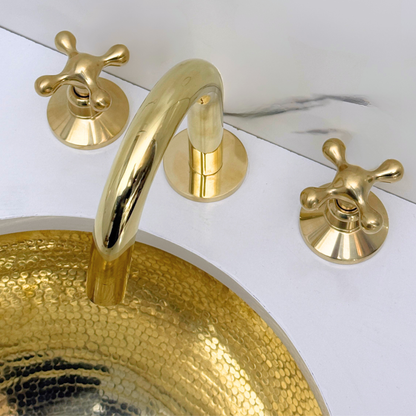 Unlacquered Brass Widespread Bathroom Sink Faucet With Cross Handles, Push-Up Drain & P-trap