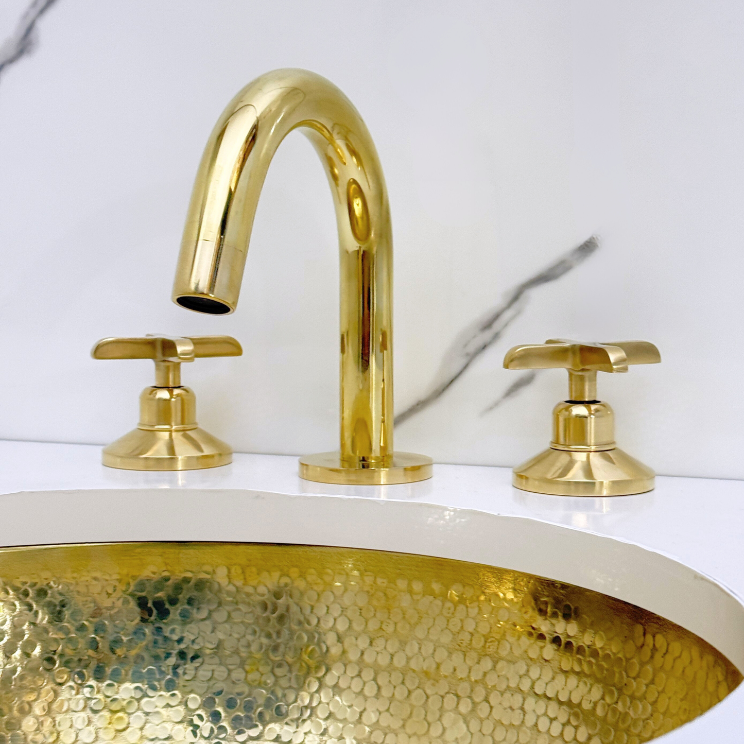 Unlacquered Brass Widespread Bathroom Sink Faucet With Cross Handles, Push-Up Drain & P-trap