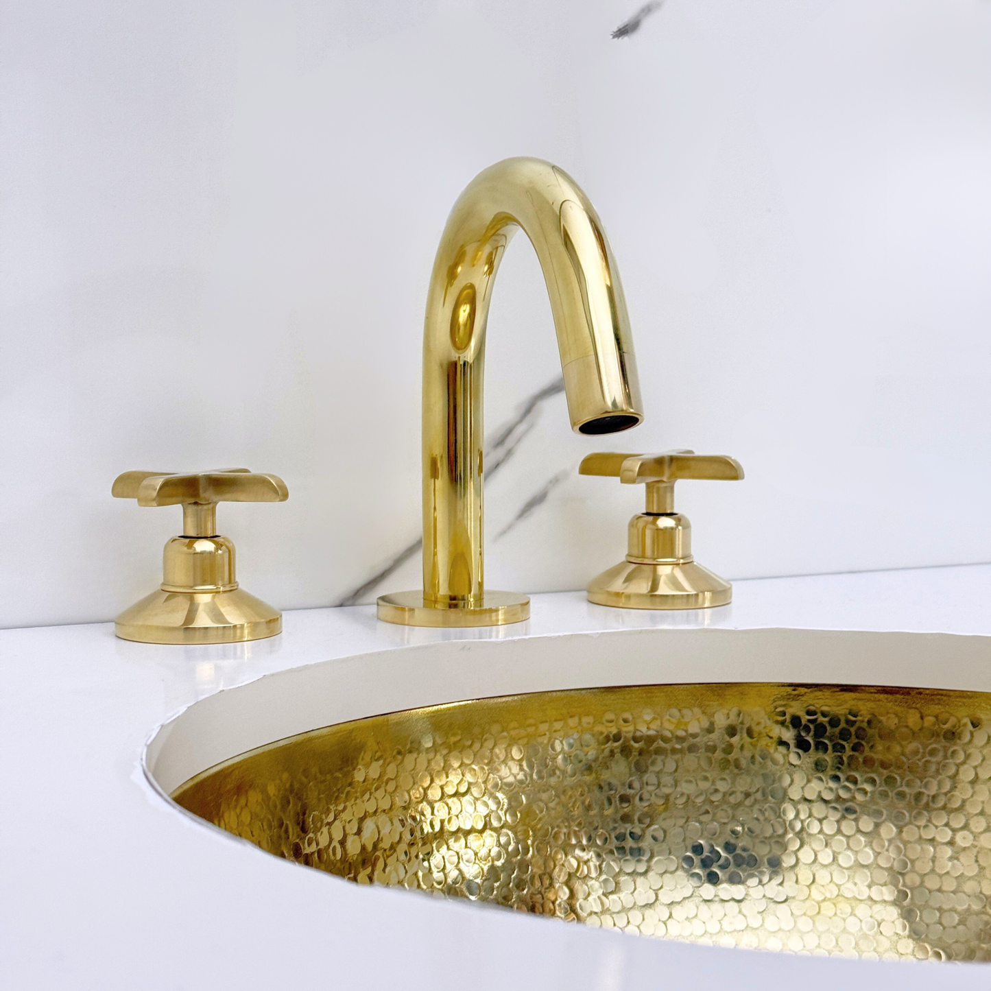Unlacquered Brass Widespread Bathroom Sink Faucet With Cross Handles, Push-Up Drain & P-trap