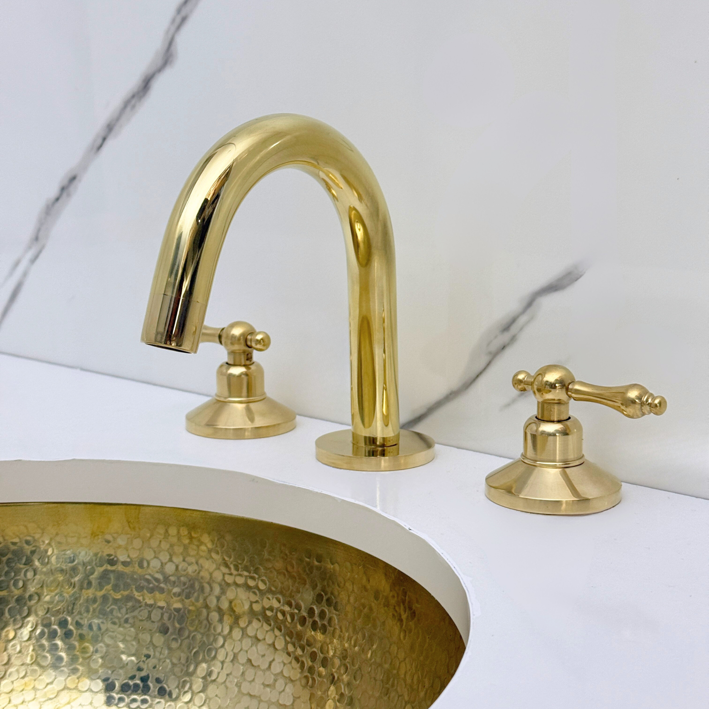 Unlacquered Brass Widespread Bathroom Sink Faucet With Lever Handles