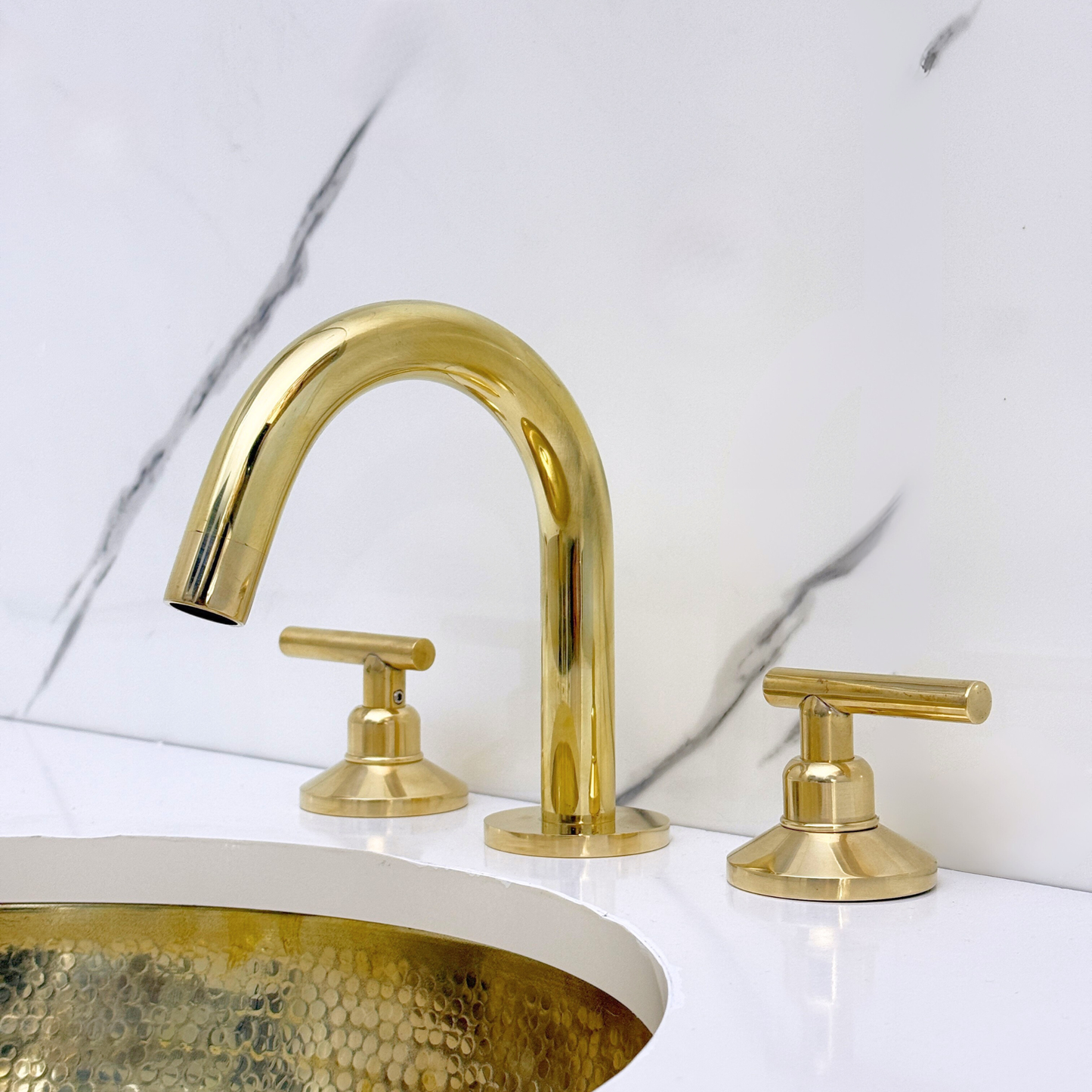 Unlacquered Brass Widespread Bathroom Sink Faucet With Lever Handles