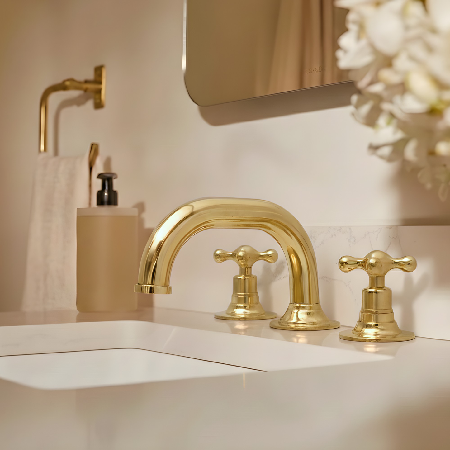 Unlacquered Brass Widespread Bathroom Faucet With Cross Handles