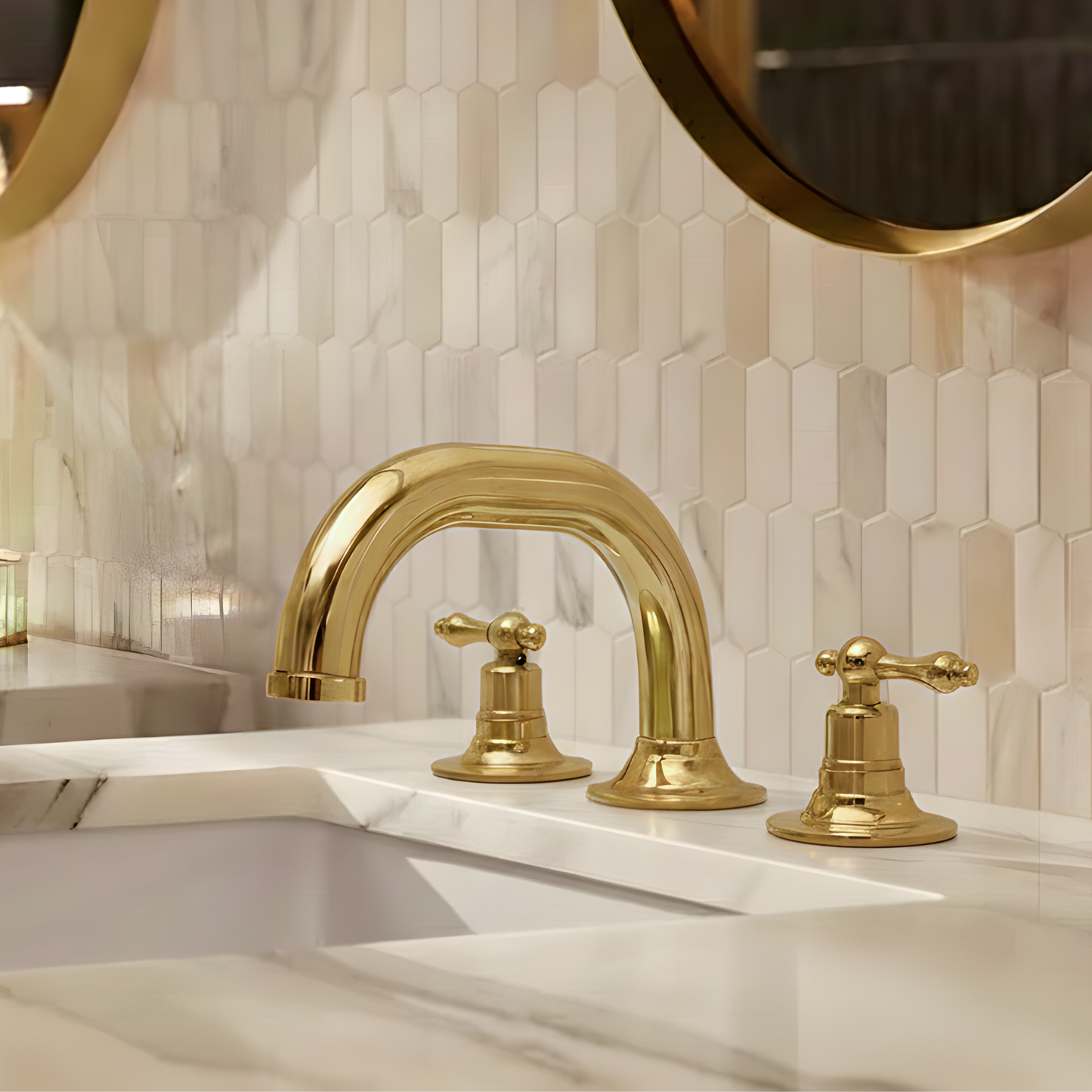 Unlacquered Brass Widespread Bathroom Curved Faucet With Lever Handles