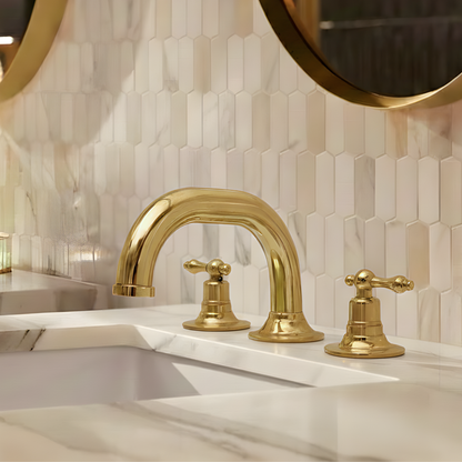 Unlacquered Brass Widespread Bathroom Curved Faucet With Lever Handles