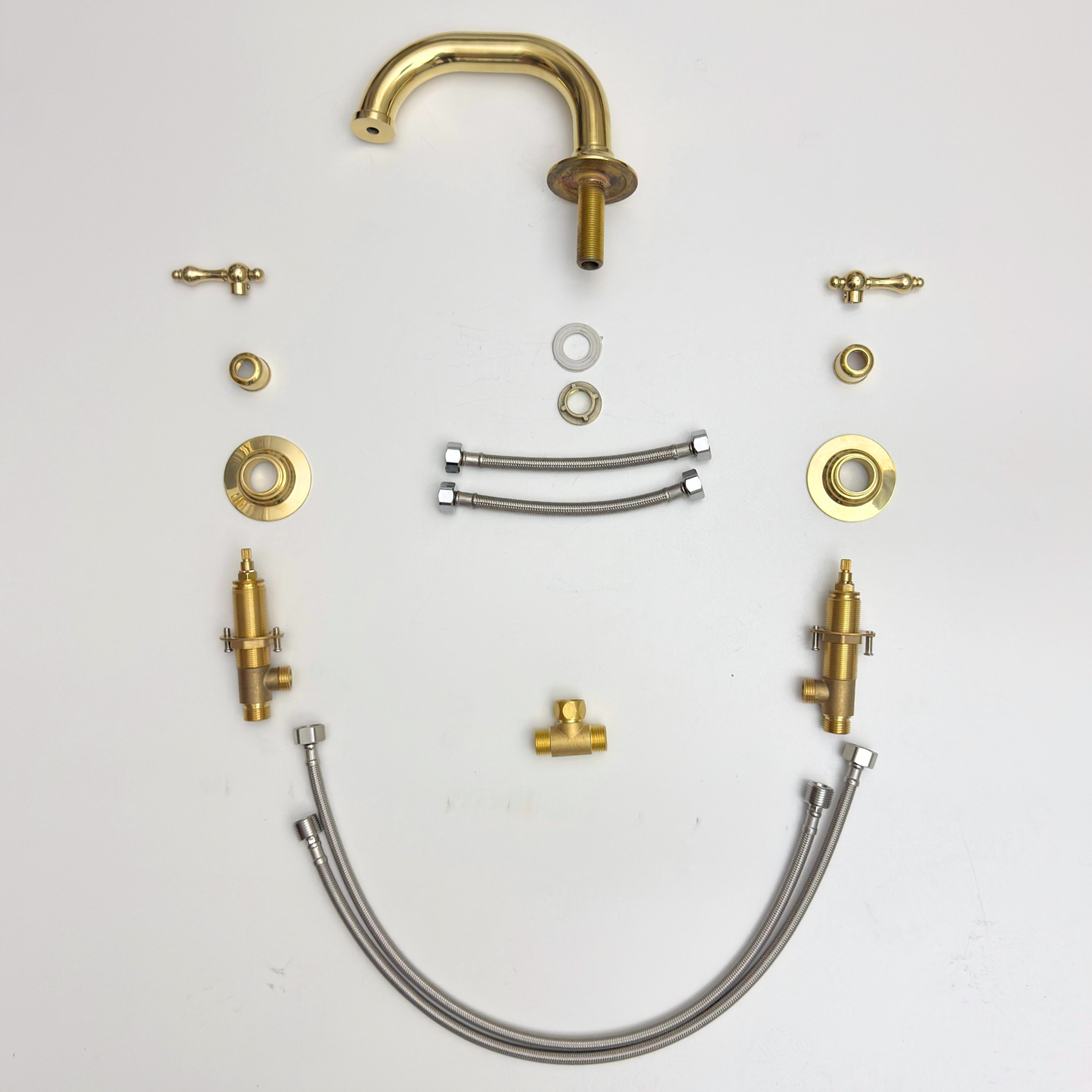 Unlacquered Brass Widespread Bathroom Curved Faucet With Lever Handles