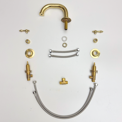 Unlacquered Brass Widespread Bathroom Curved Faucet With Lever Handles