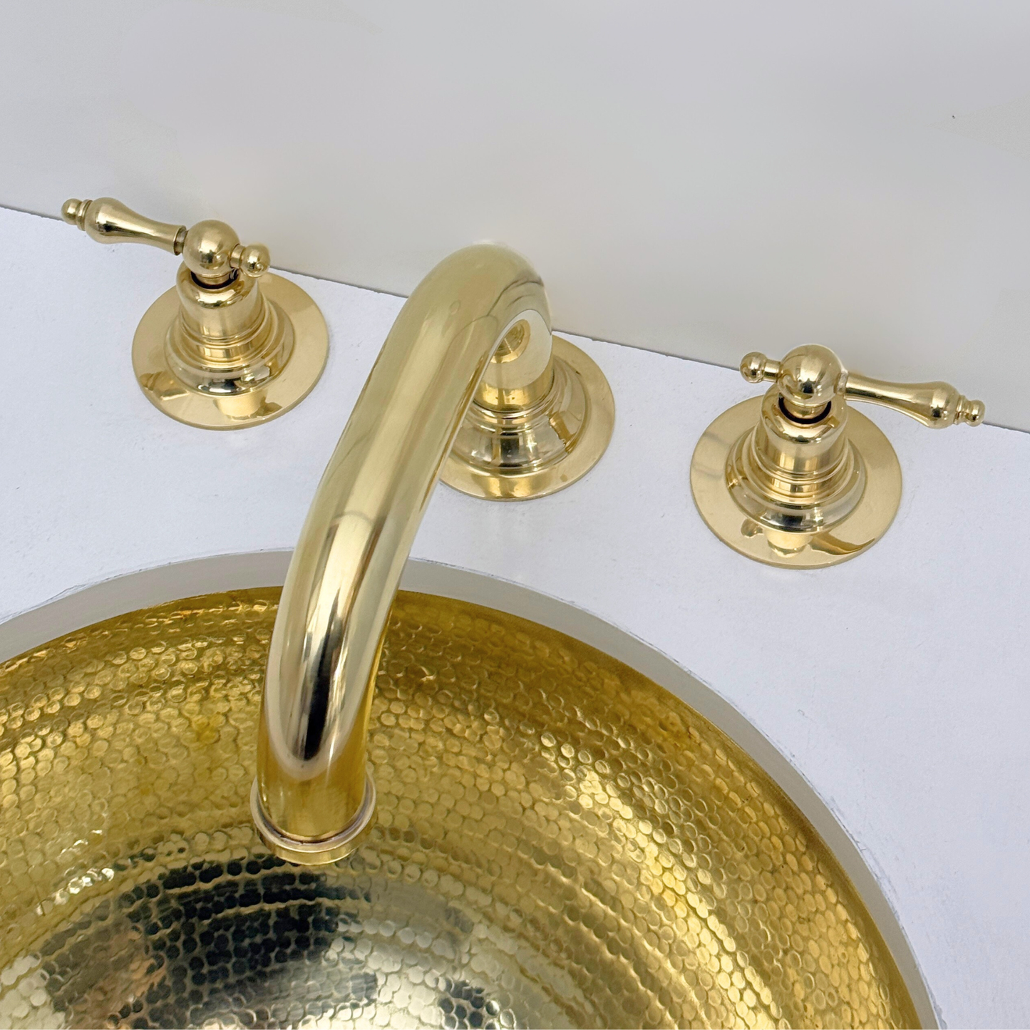 Unlacquered Brass Widespread Bathroom Curved Faucet With Lever Handles