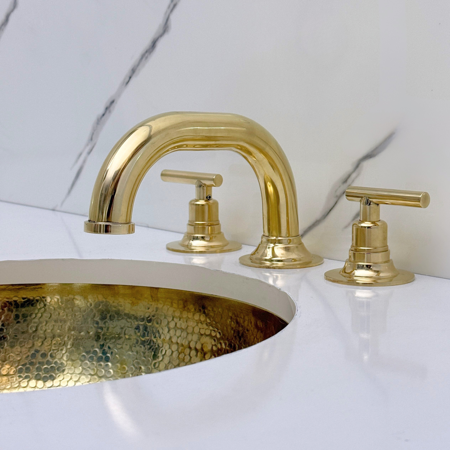 Unlacquered Brass Widespread Bathroom Curved Faucet With Lever Handles
