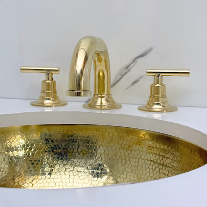 Unlacquered Brass Widespread Bathroom Curved Faucet With Lever Handles