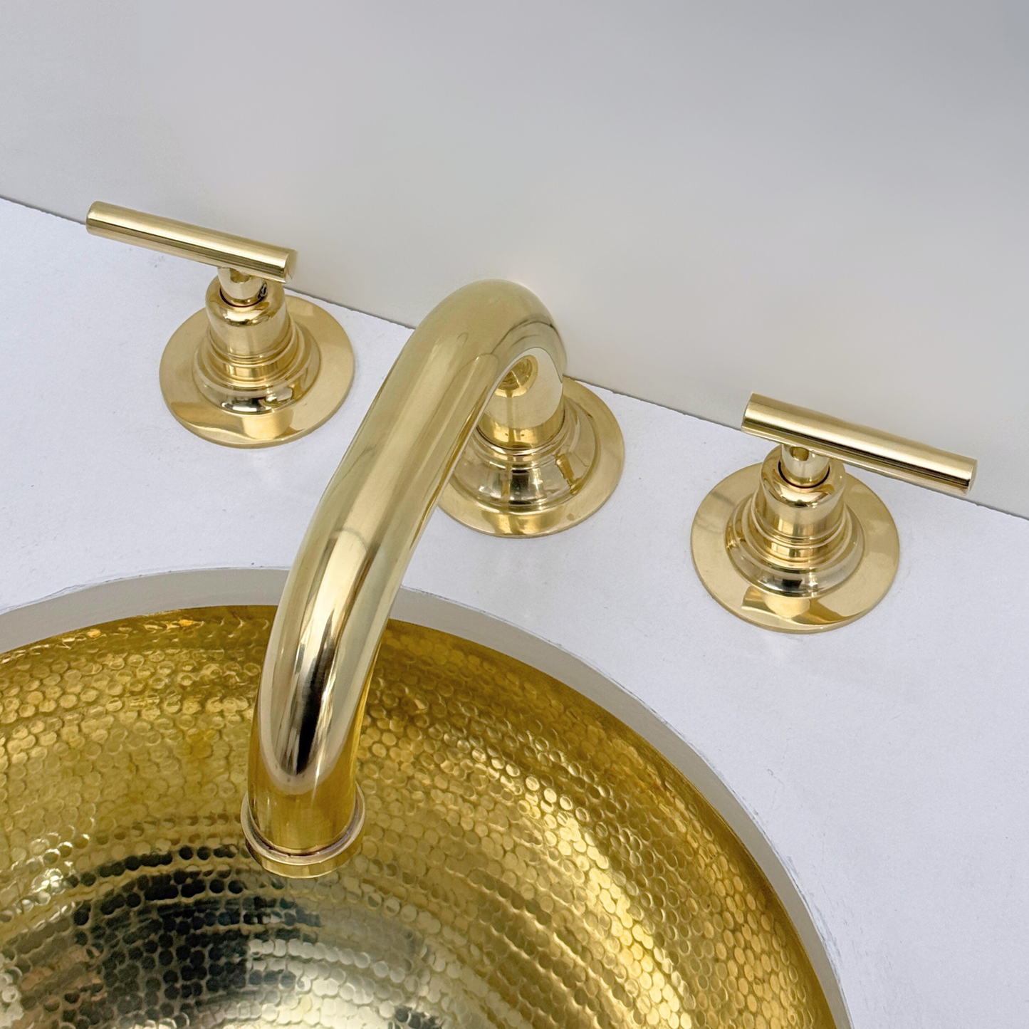 Unlacquered Brass Widespread Bathroom Curved Faucet With Lever Handles