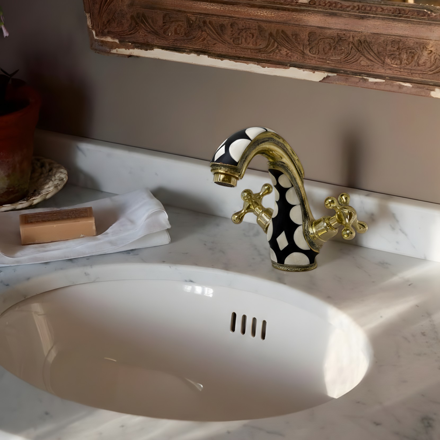 Unlacquered Brass and Resin Single Hole Bathroom Faucet with Cross Handles