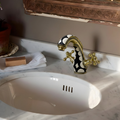 Unlacquered Brass and Resin Single Hole Bathroom Faucet with Cross Handles