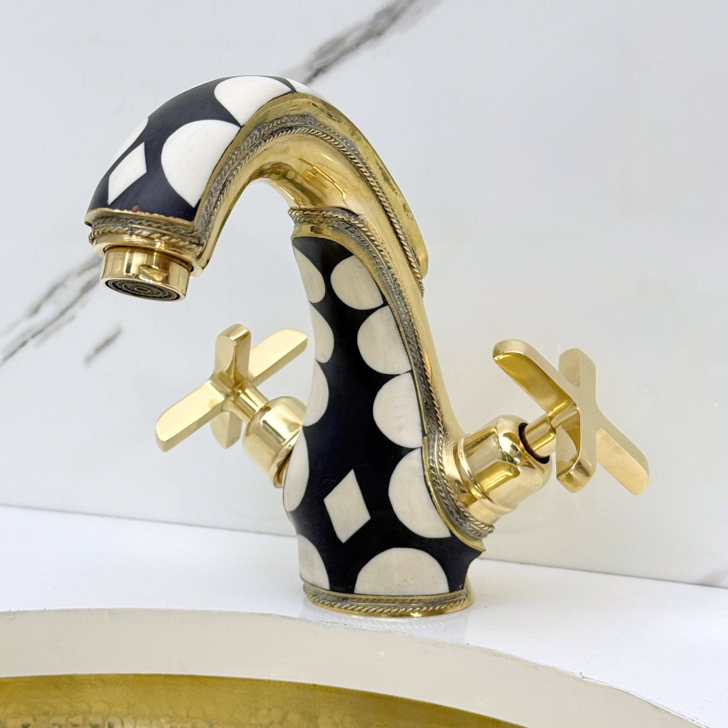 Unlacquered Brass and Resin Single Hole Bathroom Faucet with Cross Handles